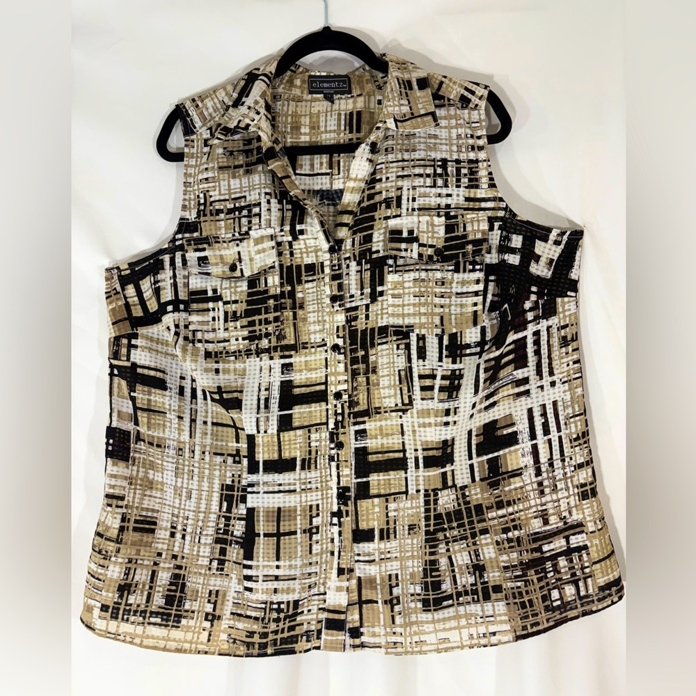 Elementz Women's Sleeveless Button Down Shirt - Black and Tan